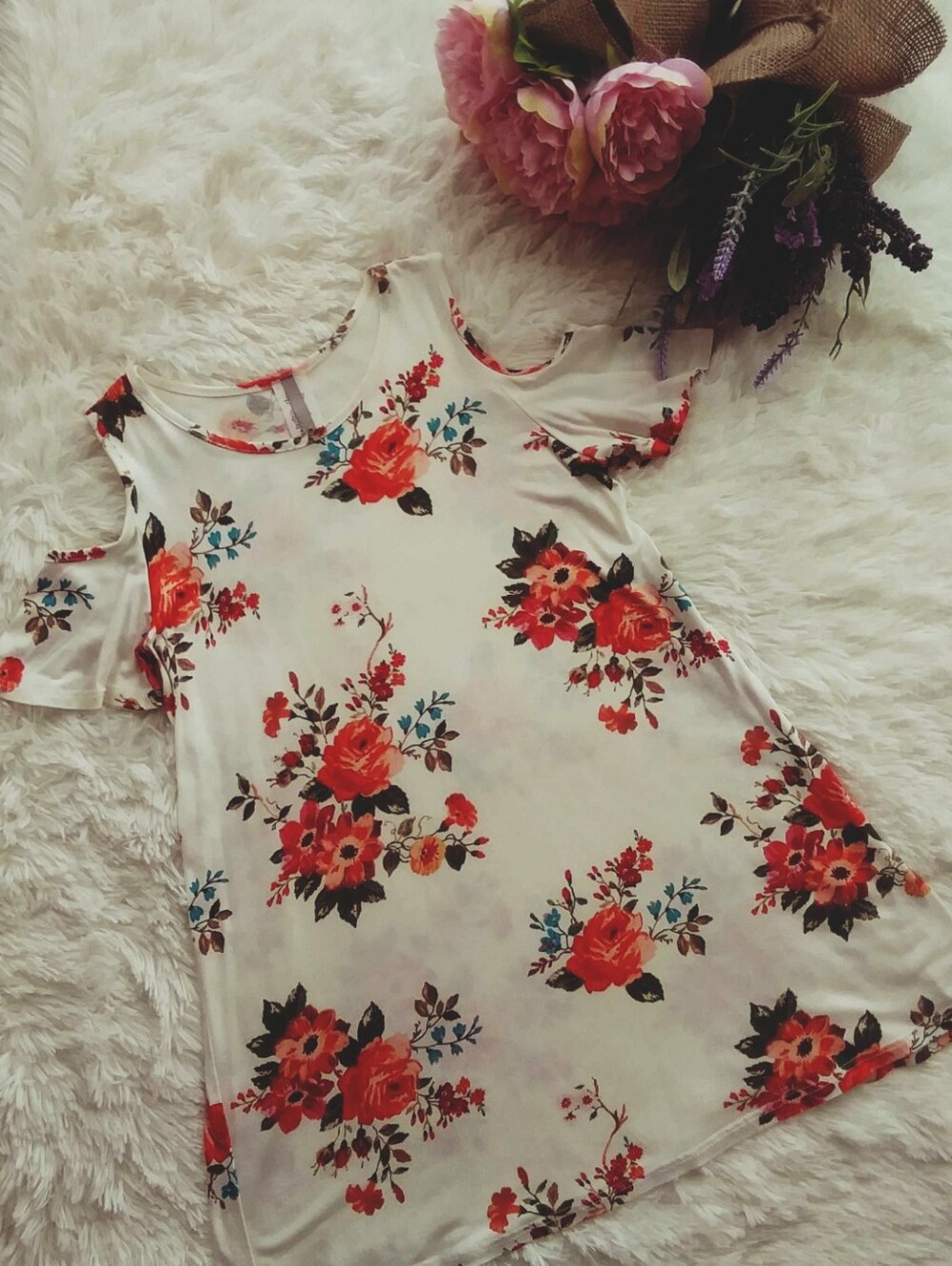 MOA USA Girls' White Cold-Shoulder Dress with Red Floral Print Sizes 6,8,10,12